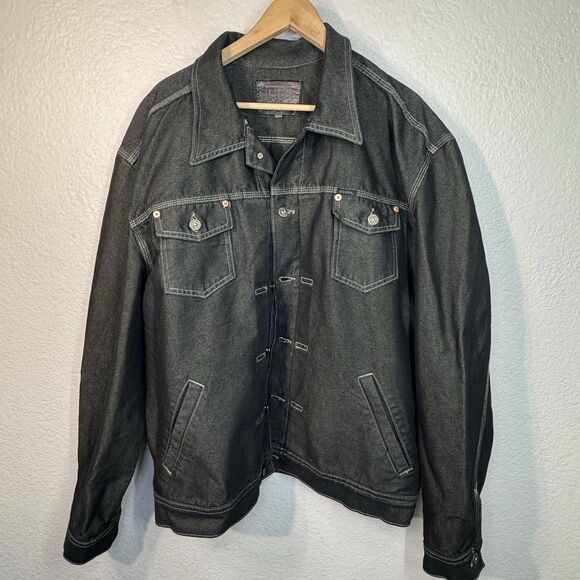 VTG GUESS Trucker Jacket Gray Sheen Denim USA Made 90s Y2K Oversized Men XXXL - Picture 1 of 9